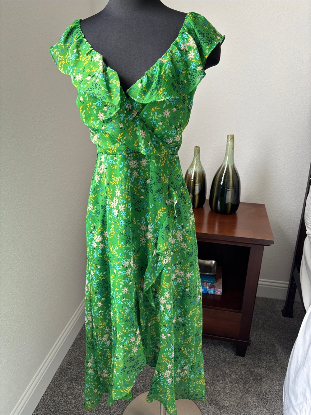 Kensie Green Floral Ruffle Wrap Maxi Dress